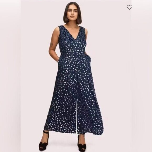 NWOT Kate Spade Scatter Dot Velvet Jumpsuit Navy Blue Silver Size 2. Size 6. - Picture 1 of 4